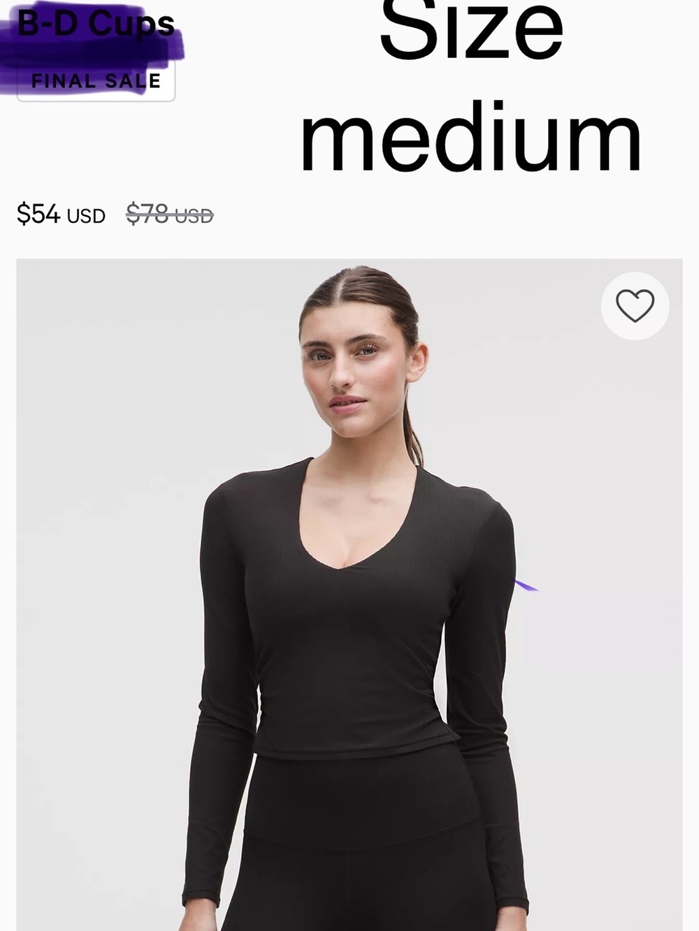 Lululemon Black Ribbed V-Neck Long Sleeve Top size Medium